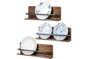 MyGift Set of 3 Wall Mounted Decorative Display Wooden Dual Plate Holders, Rustic Burnt Solid Wood Stand Shelf and Black Meta