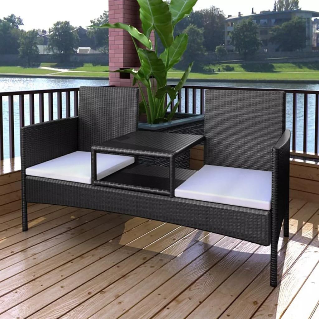 Black Two-Seater Bench with Tea Table Poly Rattan Outdoor Table Chairs Set With Size:60" x 24.4" x 33.5" (W x D x H)