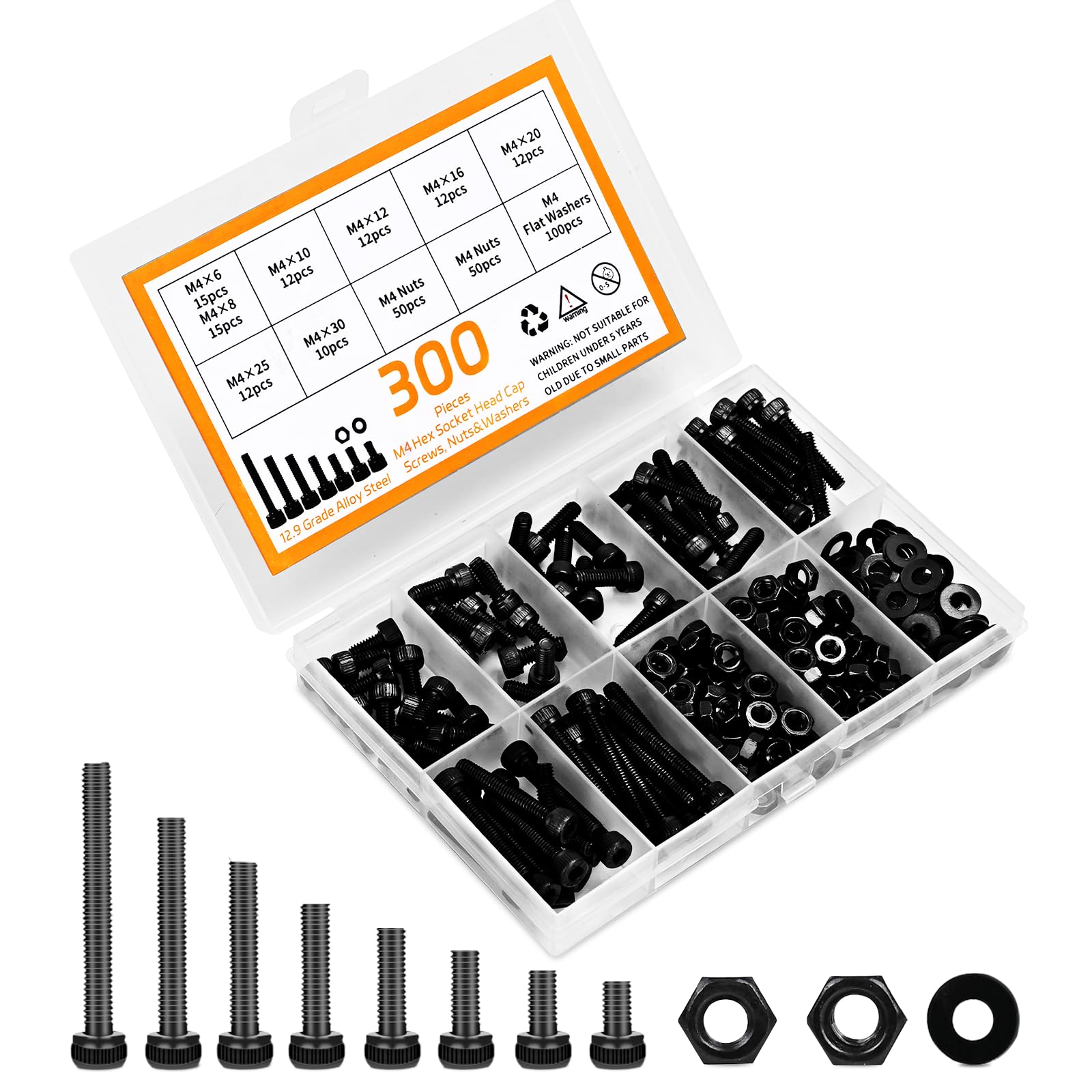 Photo 1 of 300pcs M4 Screw Kit, Premium M4 Hex Socket Head Cap Screw Assortment with Nuts and Washers, M4 x 6mm /8mm /10mm /12mm /16mm /20mm /25mm /30mm (Black)