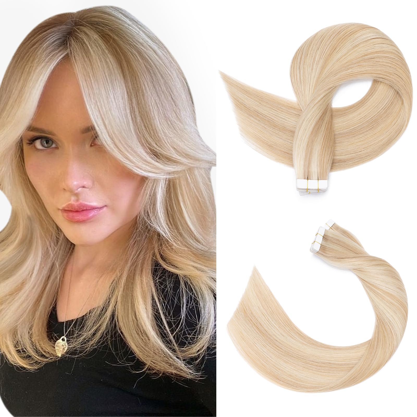 SEGOHAIR Tape in Hair Extensions Human Hair, 12" Invisible 10Pcs Real Hair Straight Natural Remy Tape Hair Extensions - Ash Blonde & Bleach Blonde — image 1