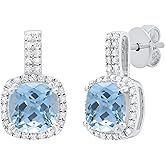 Dazzlingrock Collection 7 MM Cushion Gemstone & Round White Natural Diamond Ladies Drop Earrings, Sterling Silver