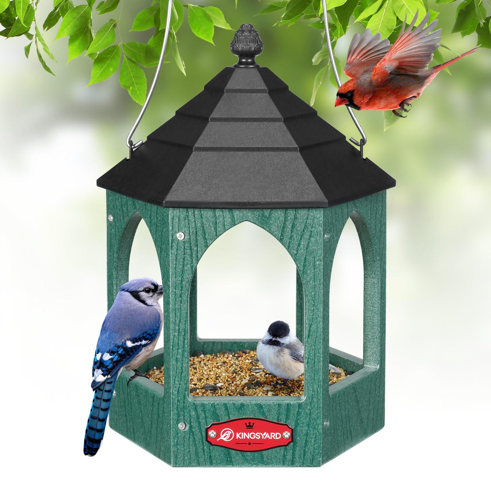 Photo 1 of Kingsyard Platform Bird Feeder for Outdoor Hanging - Gazebo Style Recycled Plastic Wild Bird Feeding Station with Rain-Proof Roof & Metal Mesh Tray. Green