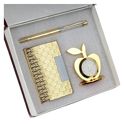 Far Vision 3 In 1 Premium Gift Set Of Golden Apple Clock With Crystal Pen And Business Card Holder With Premium Packaging . On Sale Now !
