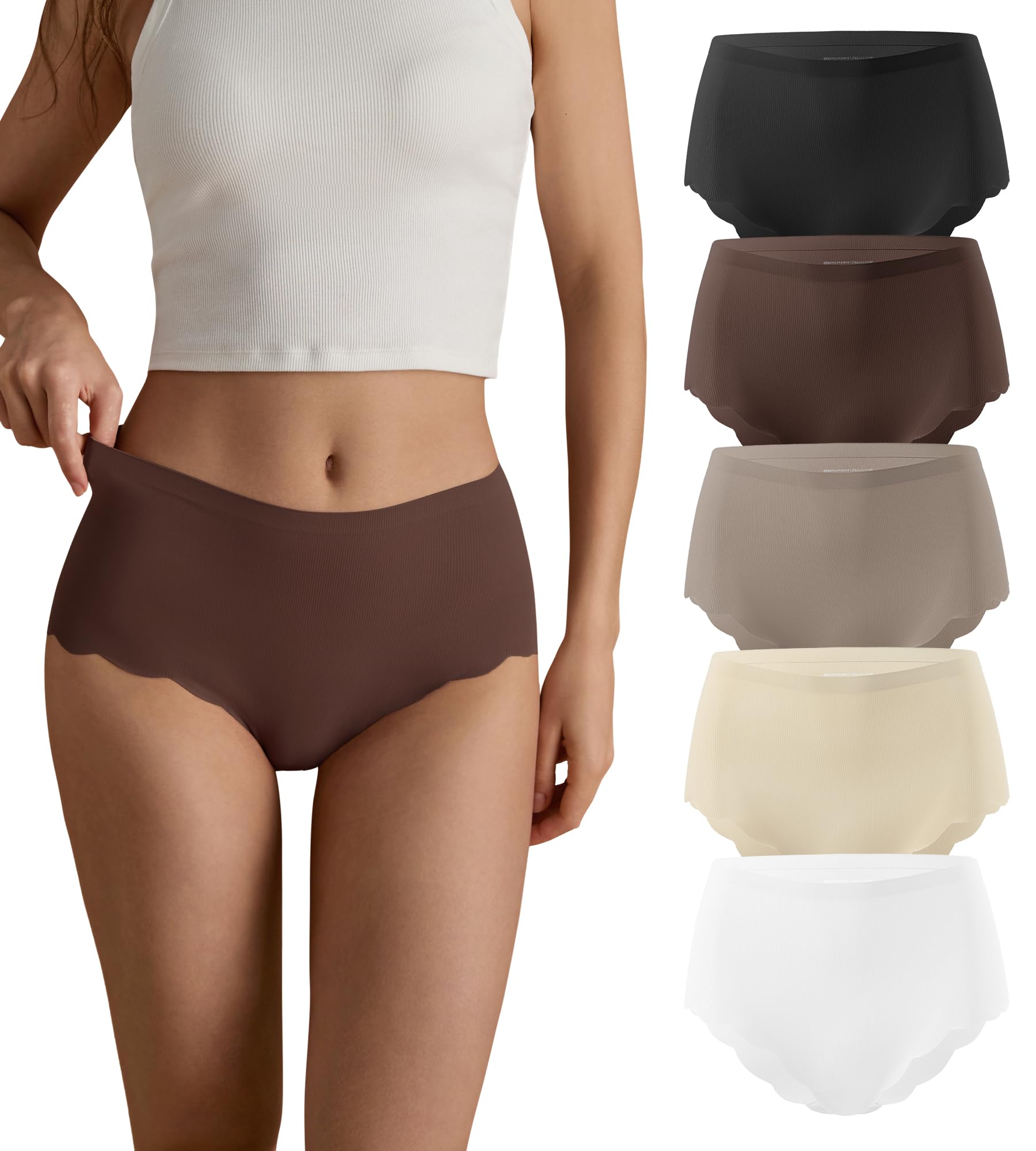 Photo 1 of SHARICCA Seamless High Waisted Underwear for Women Cheeky Underwear Wave Edge No Show Bikini Panties Ribbed Panties Pack, 5P02, S
