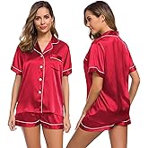 LecGee Womens Silk Satin Pajamas Short Sleeve Loungewear Two-Piece Sleepwear Button-Down Pj Set