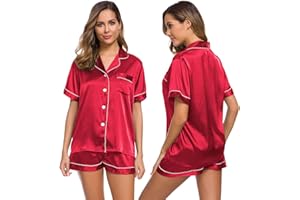 LecGee Womens Silk Satin Pajamas Short Sleeve Loungewear Two-Piece Sleepwear Button-Down Pj Set