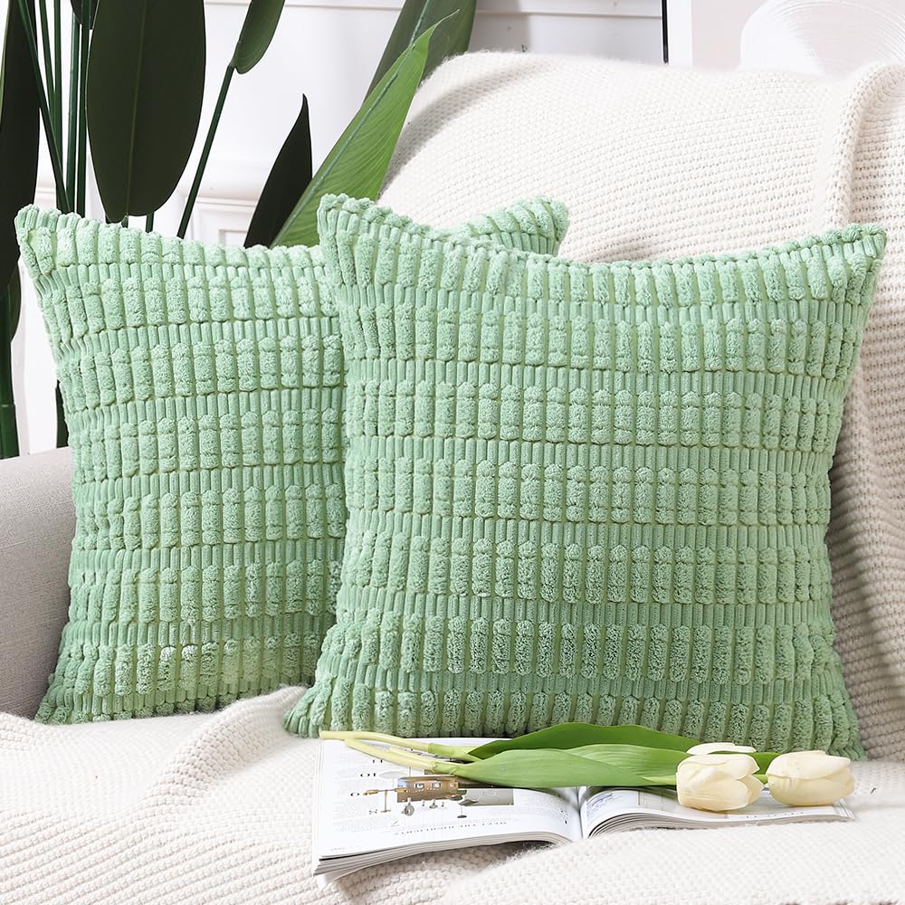 Madizz Pack of 2 Boho Striped Corduroy Throw Pillow Covers 12x12 inch, 30x30 cm, Green Soft Decorative Cushion Cover for Sofa Bedroom Pillow Shell — image 1