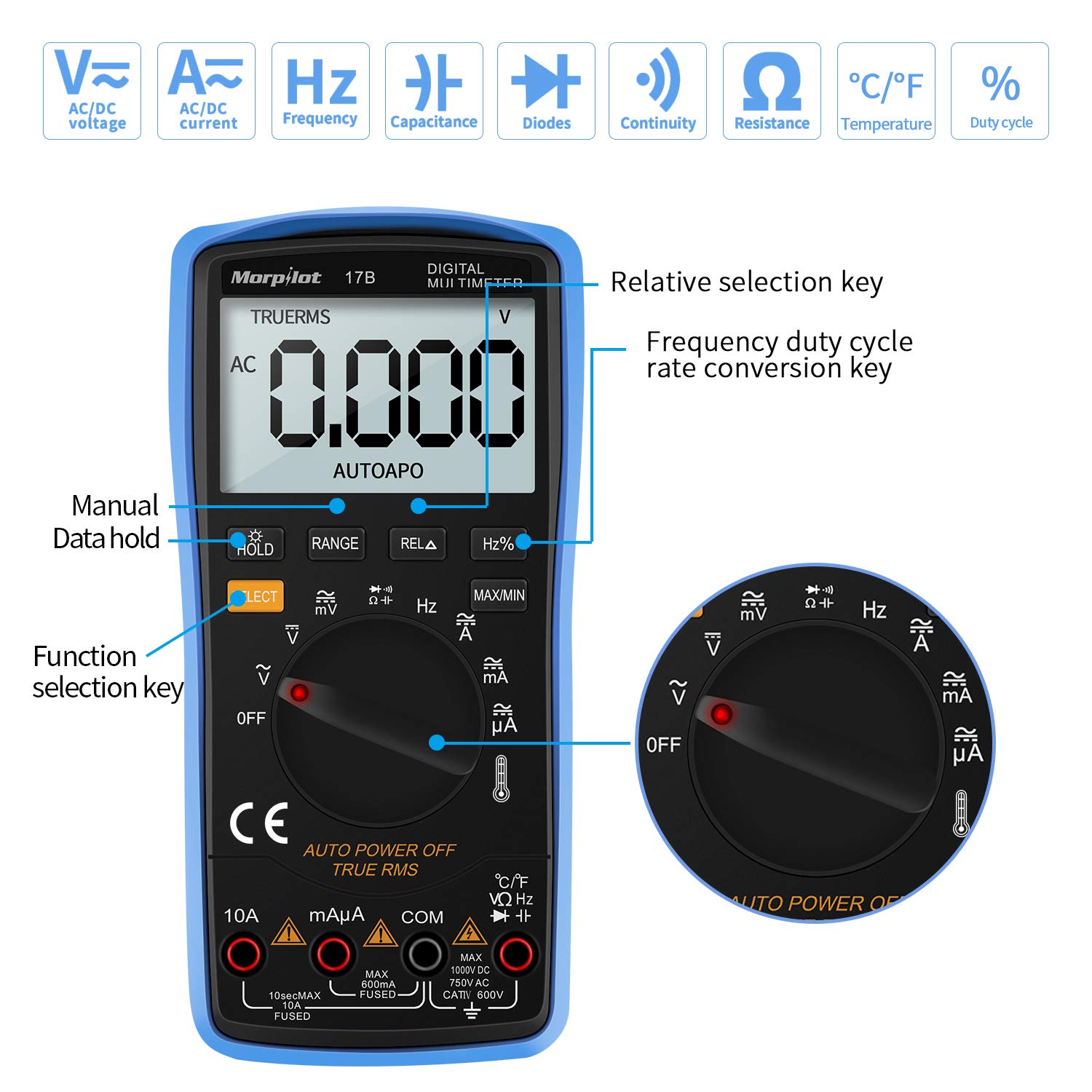 Morpilot Multimetro Digitale, True RMS 6000 Conta Multimetro Avanzato, Misura Tensione AC/DC, Corrente AC/DC, Resistenza, Continuità, Capacità, Frequenza, Diodi, Temperatura