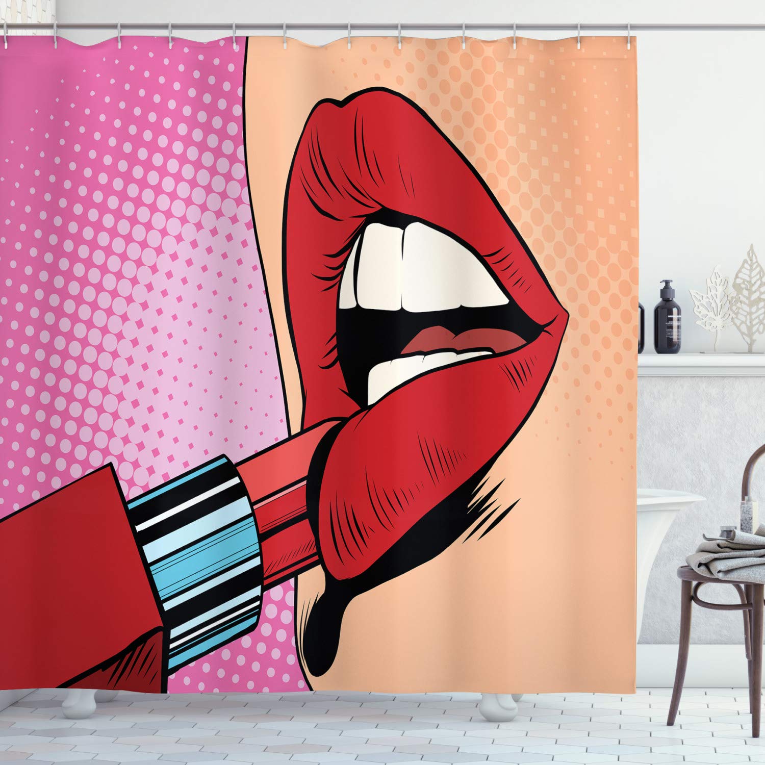 ABAKUHAUS Lips Shower Curtain, Retro Comic Pop Art Girl Applying Red Lipstick Makeup Concept Halftone Background, Cloth Fabric Bathroom Decor Set with Hooks, 175 x 240 cm, Red Pink