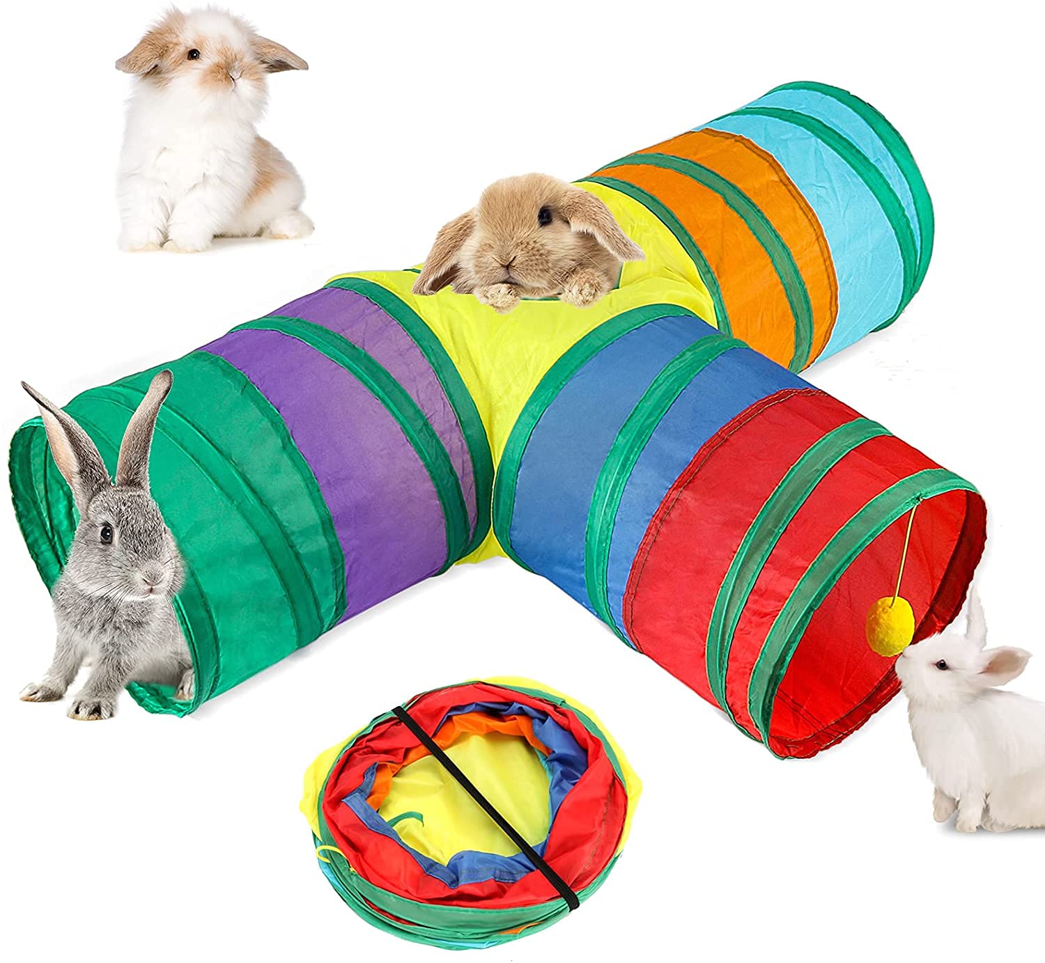 HYLYUN Bunny Tunnels & Tubes Collapsible 3 Way Bunny Hideout Small Animal Activity Tunnel Toys for Dwarf Rabbits Bunny Guinea Pigs Kitty
