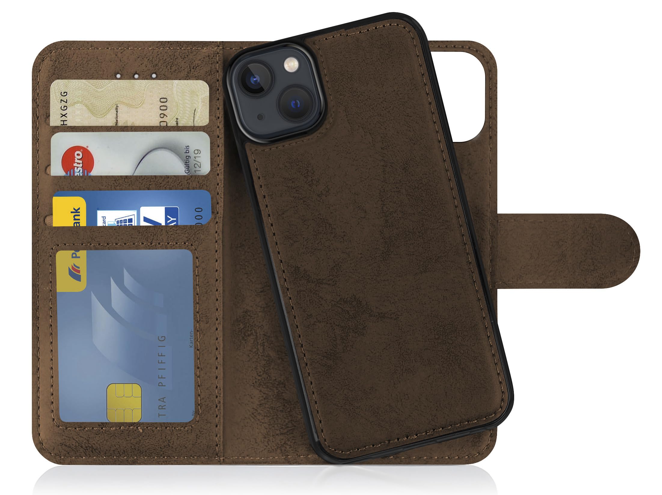 MyGadget Flip Case for iPhone 14 Plus - [ Removable Magnetic Cover ] - PU Leather Phone Case - [ Cover with Card Slot ] Protective Shell in Brown