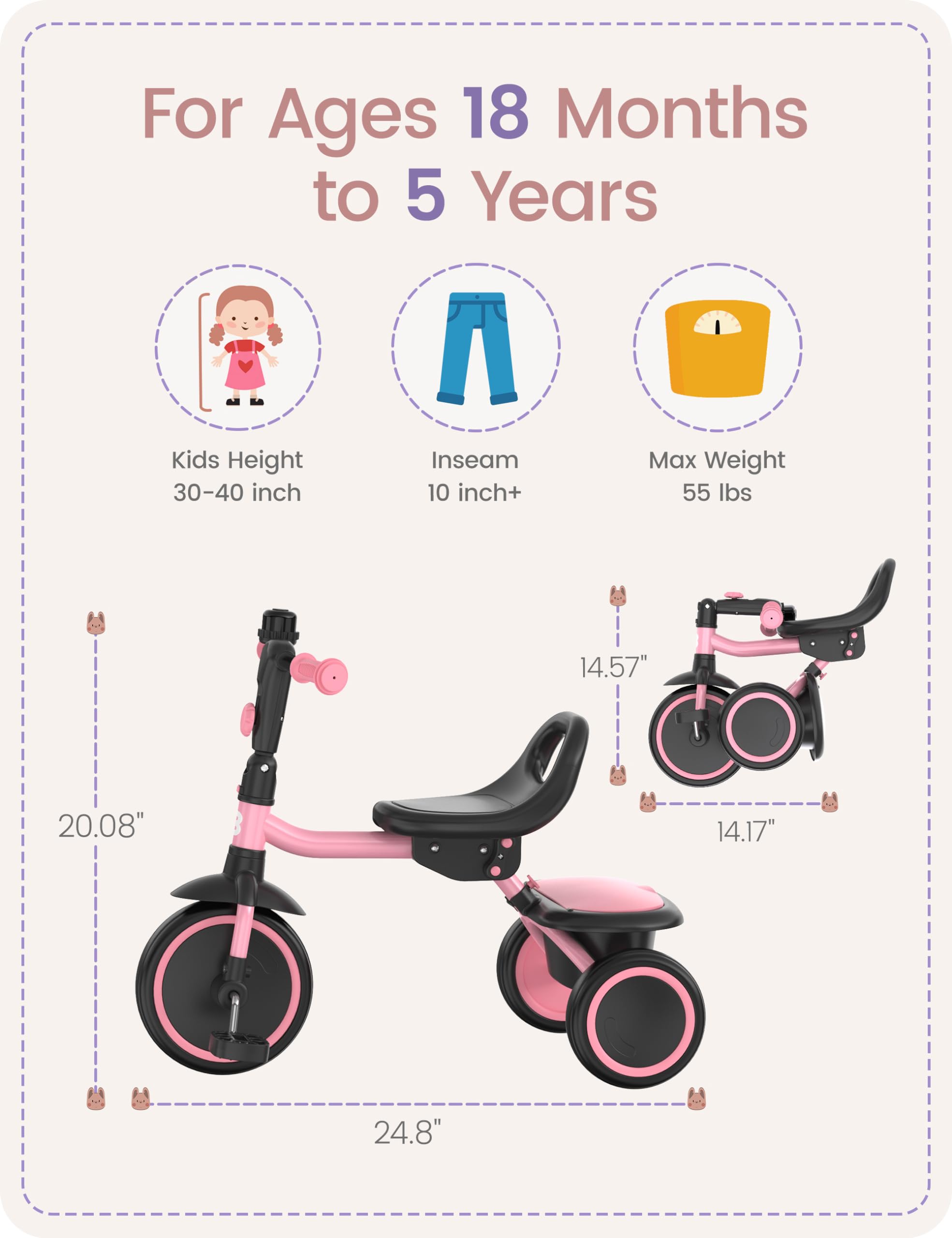 besrey Toddler Tricycle with Bell, Kids Tricycle Age 18 Months to 5 Years, Kids Trike, Toddler Bike for 2-4 Year Olds, Baby Bike, Gifts & Toys for Boys & Girls, Pink