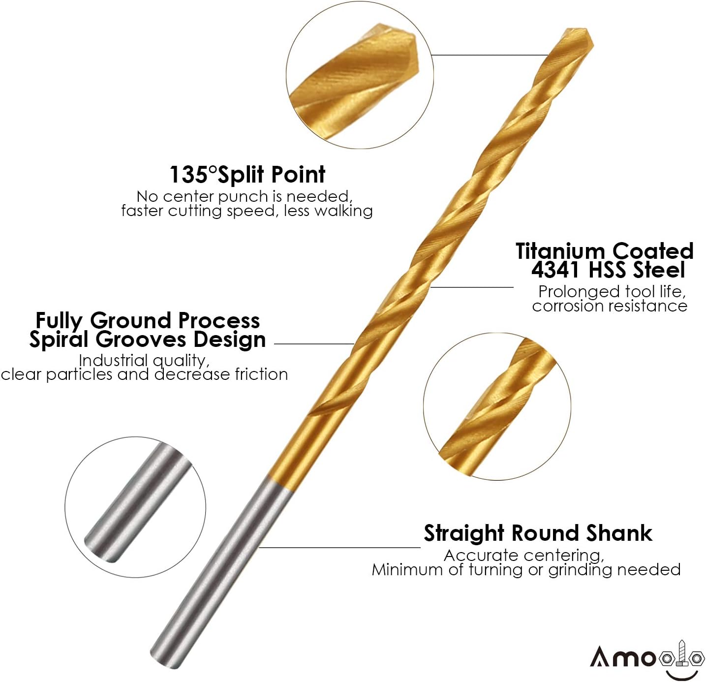 amoolo Titanium Drill Bit Set (60 pcs), Premium 4341 HSS Micro Drill Bits for Wood, Metal, Steel, Plastic, Aluminum Alloy, 3/64"-1/8" - - 
