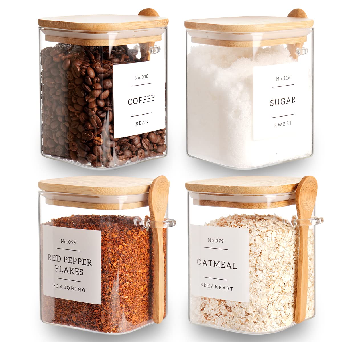 Photo 1 of CZZGSM Set of 4 Square Glass Jar with Bamboo Lids and Spoons – Airtight 27 oz Borosilicate Glass Food Storage Contaienrs with 132 Kitchen Pantry Labels for Coffee, Tea, Sugar