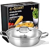 LOLYKITCH 4-Quart Stainless Steel Kadai with Lid | 12-Inch Hotpot Pot | Tri-Ply Stainless Steel Saute Pan | Everyday Pan | Induction Indian Cooking Pan | Dishwasher and Oven Safe | 3-4 Servings