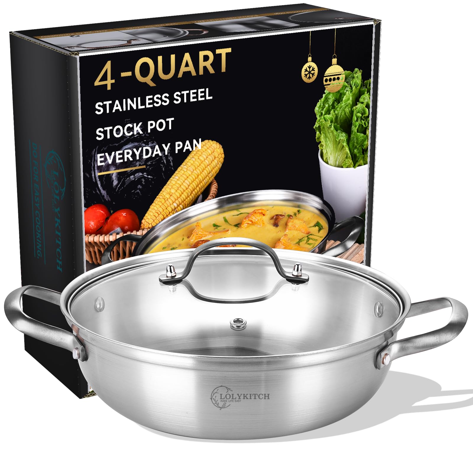 Photo 1 of LOLYKITCH 12 Inch Tri-Ply Stainless Steel Sauté Pan with Lid,4 QT Hot Pot, Everyday Pan,Kadhai,Induction Cooking Pan,Jumbo Cooker,Dishwasher and Oven Safe.