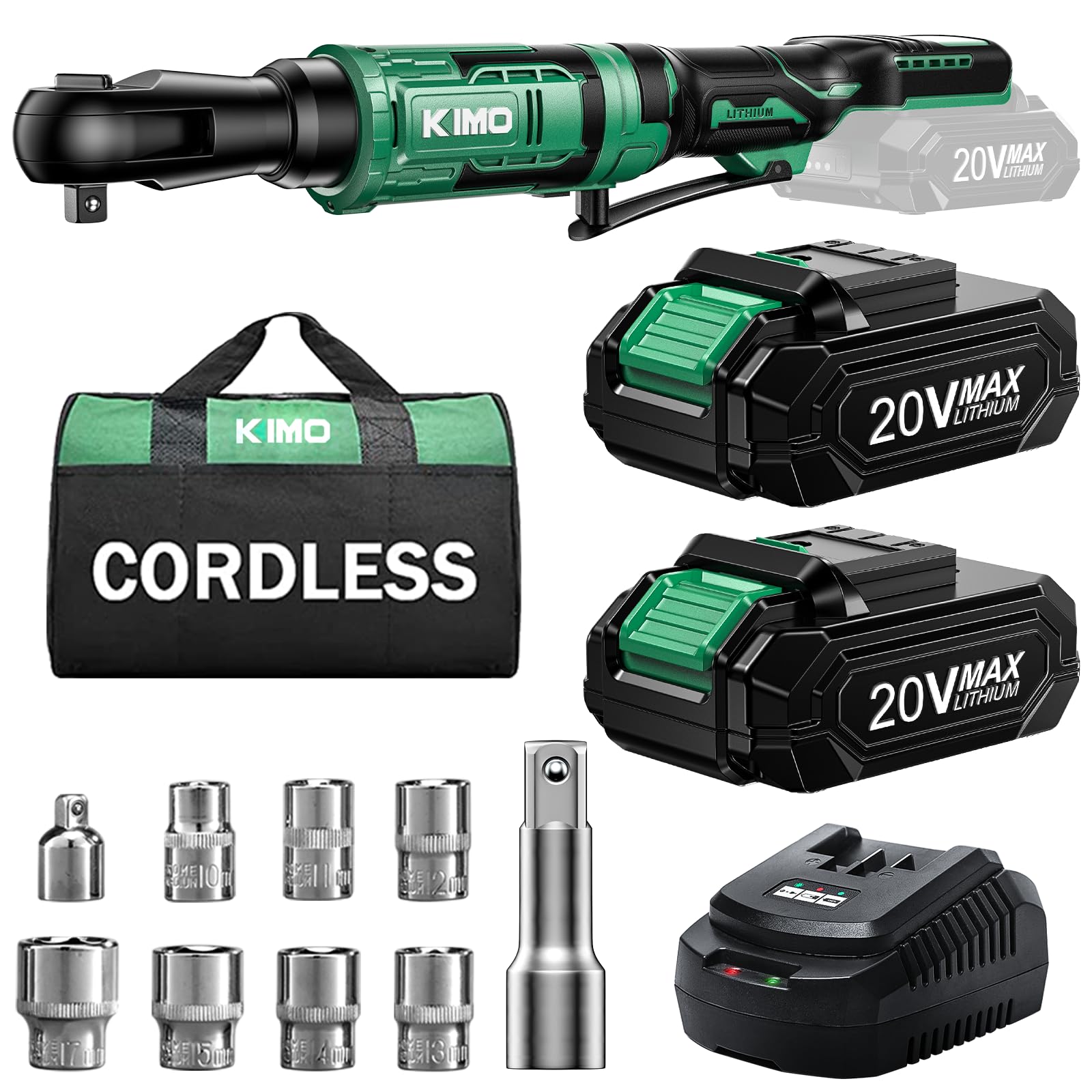Photo 1 of KIMO 20V Cordless Ratchet Wrench 1/2" Set, 74 Ft-lbs 400 RPM Electric Ratchet Wrench, Battery Powered Ratchet with 7 Sockets, 3" Extension Bar, 3/8" Adapter, 2-Pack Lithium-Ion Batteries, Fast Charger