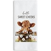 TNUW Funny Western Cow Hand Towels 16x24 Inch, Hello Sweet Cheeks Bathroom Decor, Farmhouse Rustic Western Baby Cow Wildflower Decorative Hand Towels for Bathroom Washroom Decor