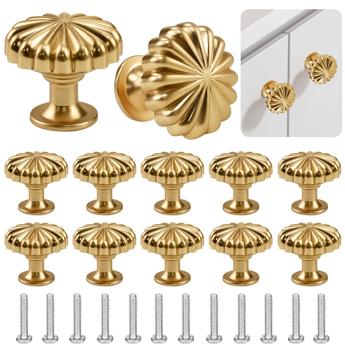YBCCBY 12 Pack Gold Cabinet Knobs, Pumpkin-Shaped Brass Handle, 28mm Solid Cabinet Door Knob, Single Hole Cupboard Door Handles, Mushroom Drawer Knob with Screws for Cabinet Drawer Cupboard Wardrobe