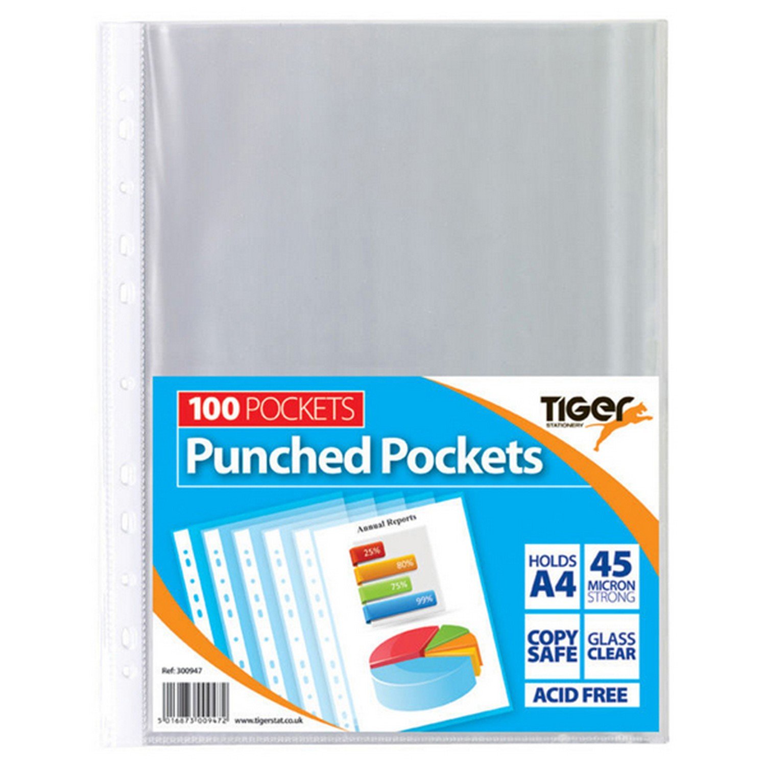 Tiger 300947 A4 Punched Pocket Sleeve Wallets - Transparent (100 Pieces)