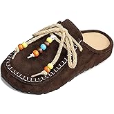 Women's Suede Flat Moccasin Mules with Beaded Casual Comfortable Round Toe Soft Sole Slip On Clogs for Daily Work Anti-Slip Walking Slides