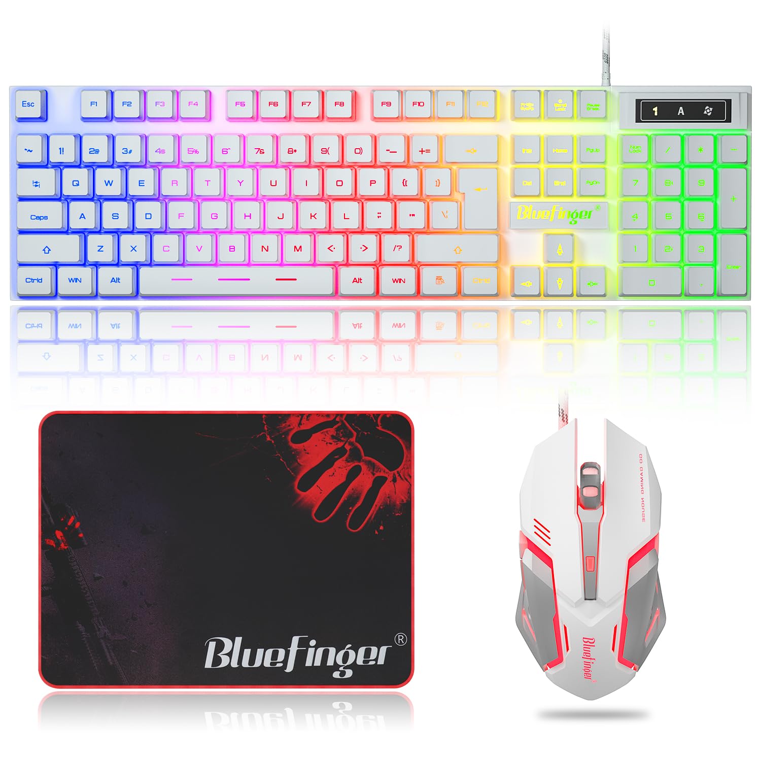 Photo 1 of BlueFinger RGB Gaming Keyboard and Backlit Mouse Combo, USB Wired, LED Gaming Set for Laptop PC Computer Game and Work(White)