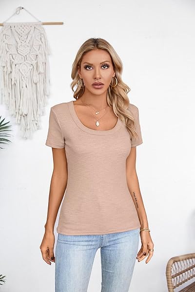 VICHYIE WOMENS SUMMER SHORT SLEEVE TOPS SQUARE NECK LOOSE TUNICS HENLEY CASUAL SHIRT SEXY BASIC BLOUSE TOP TSHIRT LIGHT KHAKI M