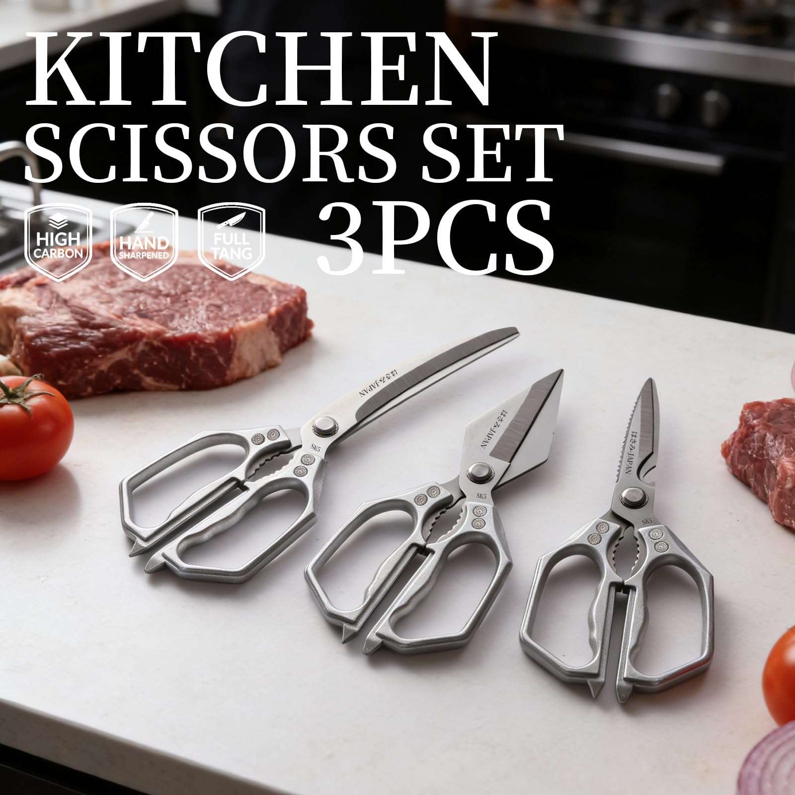 ZORKIC Küchenschere Set Silber 3er-Pack Hähnchenschere, Edelstahl Geflügelschere Fleischschere, Scharf Küchen schere für Gemüseschere, Hühnerknochen und Pute Geschenke für Mama 6