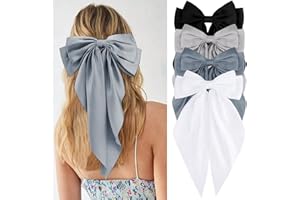 Velscrun Women's & Girls' 4-Pack Hair Bows - Silky White, Satin Navy Blue, Coquette Grey, Black - Oversized, Long Tail, Barrettes & Clips - Perfect Gifts