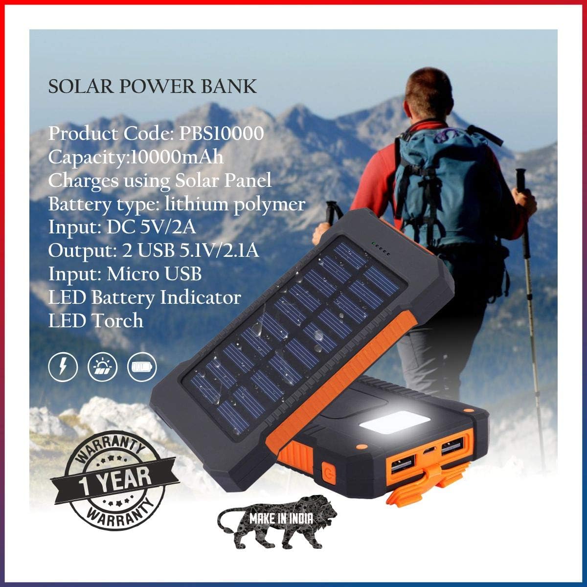 Inspiring Tech® 10000mAh Solar Power Bank Outdoor Water Resistant Dual USB Solar Panel Portable Battery Charger Solar Power Bank with Led Light for iPhone X 10 8 7 6S iPad Samsung (Orange)