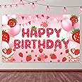 PEUTIER Strawberry Birthday Banner, Happy Birthday Party Decorations Colorful Backdrop Happy Birthday Yard Sign Background Indoor Outdoor Birthday Party Supplies for Boys Kids Girls