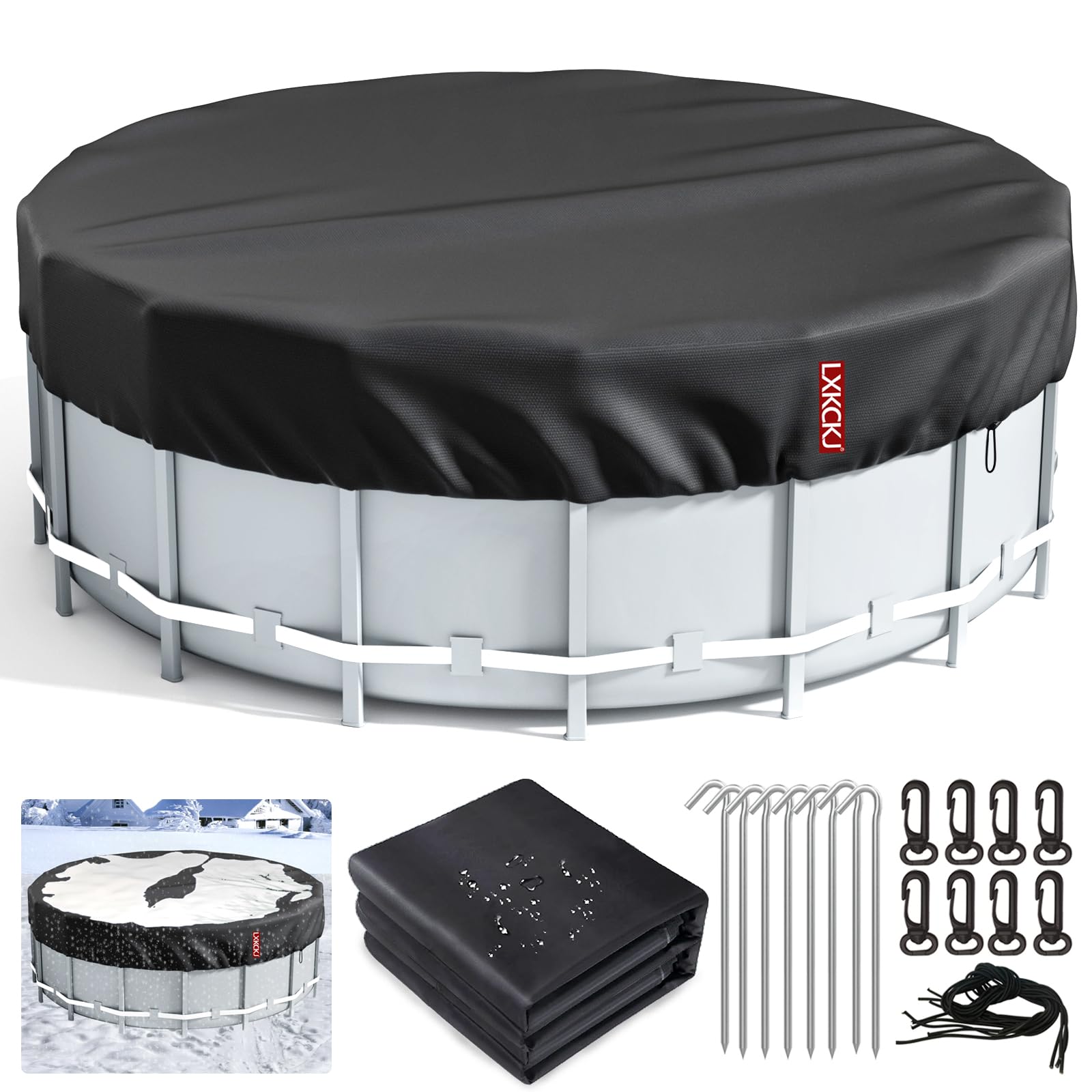 Photo 1 of LXKCKJ 18 Ft Round Pool Cover, Solar Pool Covers for Above Ground Pools, Winter Pool Cover Protector with Pool Accessories, PE Tarp Ideal for Waterproof and Dustproof (Black)