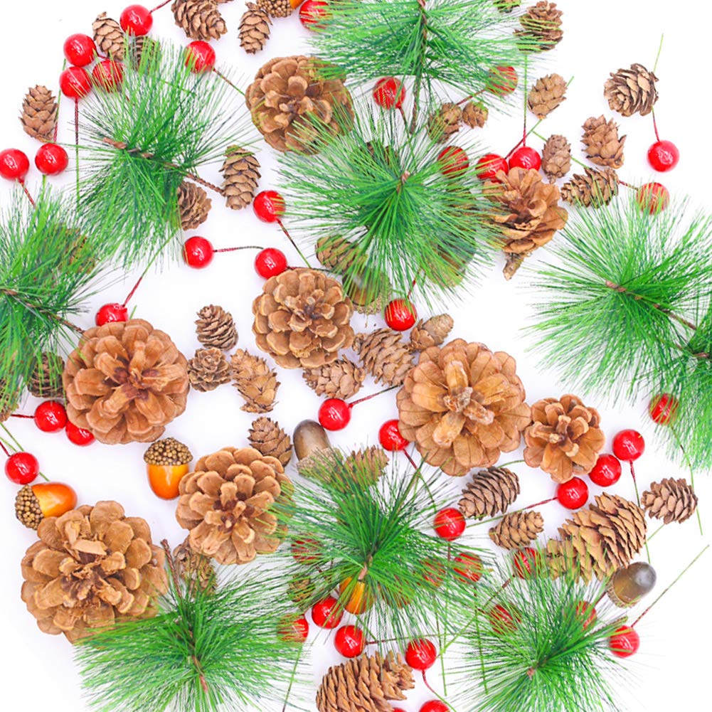 DomeStar 120PCS Artificial Acorns Berry Craft and Natural Pinecones Ornament Set, Artificial Pine Picks Fake Fruit Decor Winter Decorating Kit