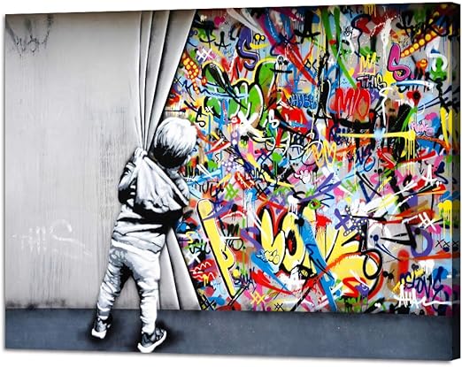 Amazon Com Banksy Graffiti Wall Art Behind The Curtain Classic Street Art Printing Colorful Pop Art Canvas Paintings Posters And Pictures Prints Framed Modern Home Decor Artwork For Living Room 24 W X 18 H Posters