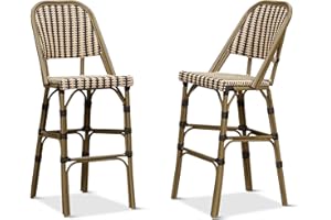 PURPLE LEAF French Bar Stools Set of 2 Bamboo Print Finish Aluminum 30" Patio Bar Height Stools Woven Wicker Barstools with Back and Footrest Outdoor Bistro Bar Stools, Brown