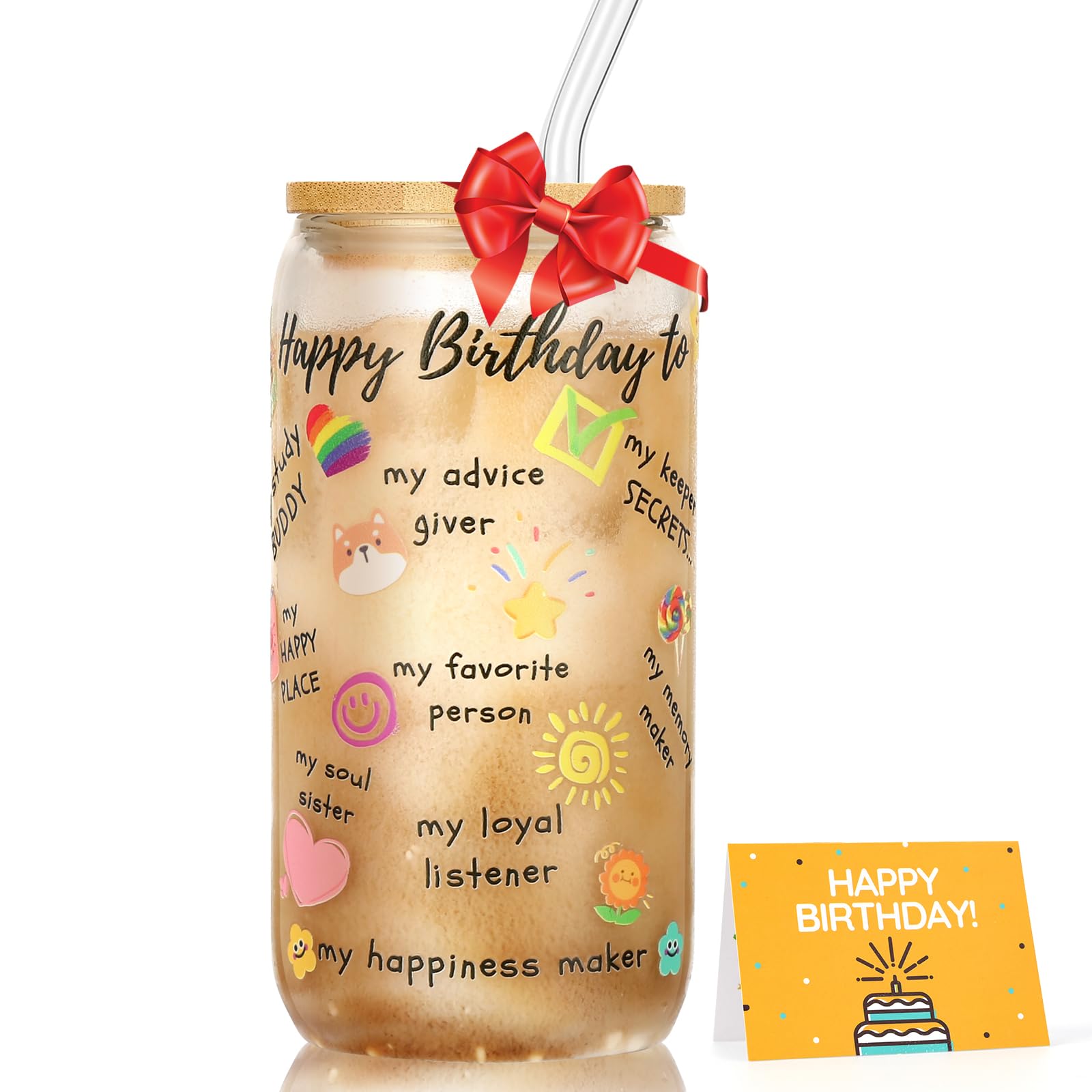 Photo 1 of *2 pack* Glass Cups With Bamboo Lids And Straws: Best Friend Birthday Friendship Gifts For Women, Cute Can Shaped Drinking Glasses Cup For Iced Coffee Smoothie 16 oz