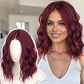 AISI HAIR 14 Inch Wine Red Wigs for Women - Shoulder Length Wave Wig with Pre-Cut Lace Hairline, Middle Part Natural Wavy Bob Synthetic Heat Resistant Fiber for Daily and Party