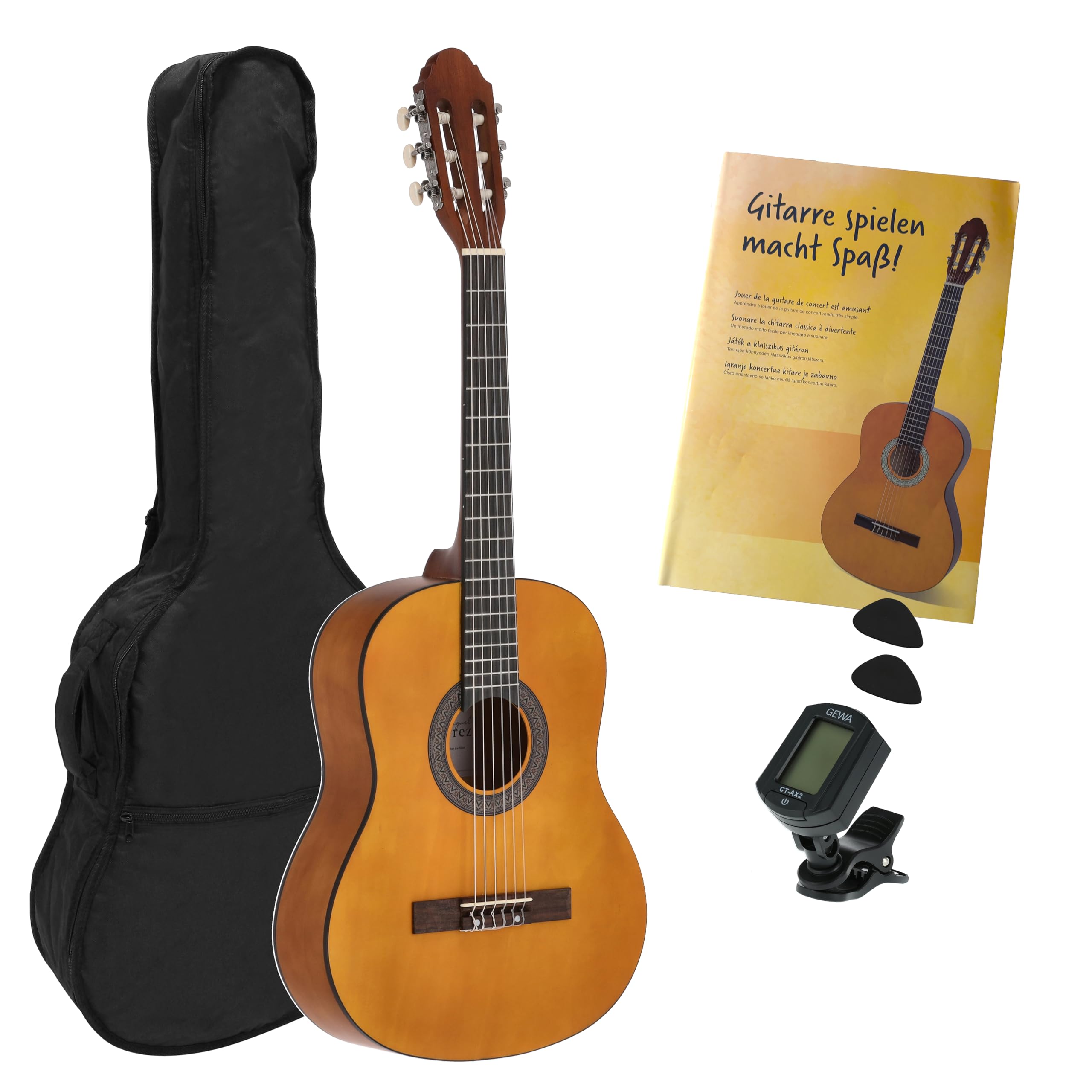 Juan Miguel Navarrez concert guitar - classical guitar - 3/4 honey - natural - starter set - incl. bag, plectrums, book, tuner