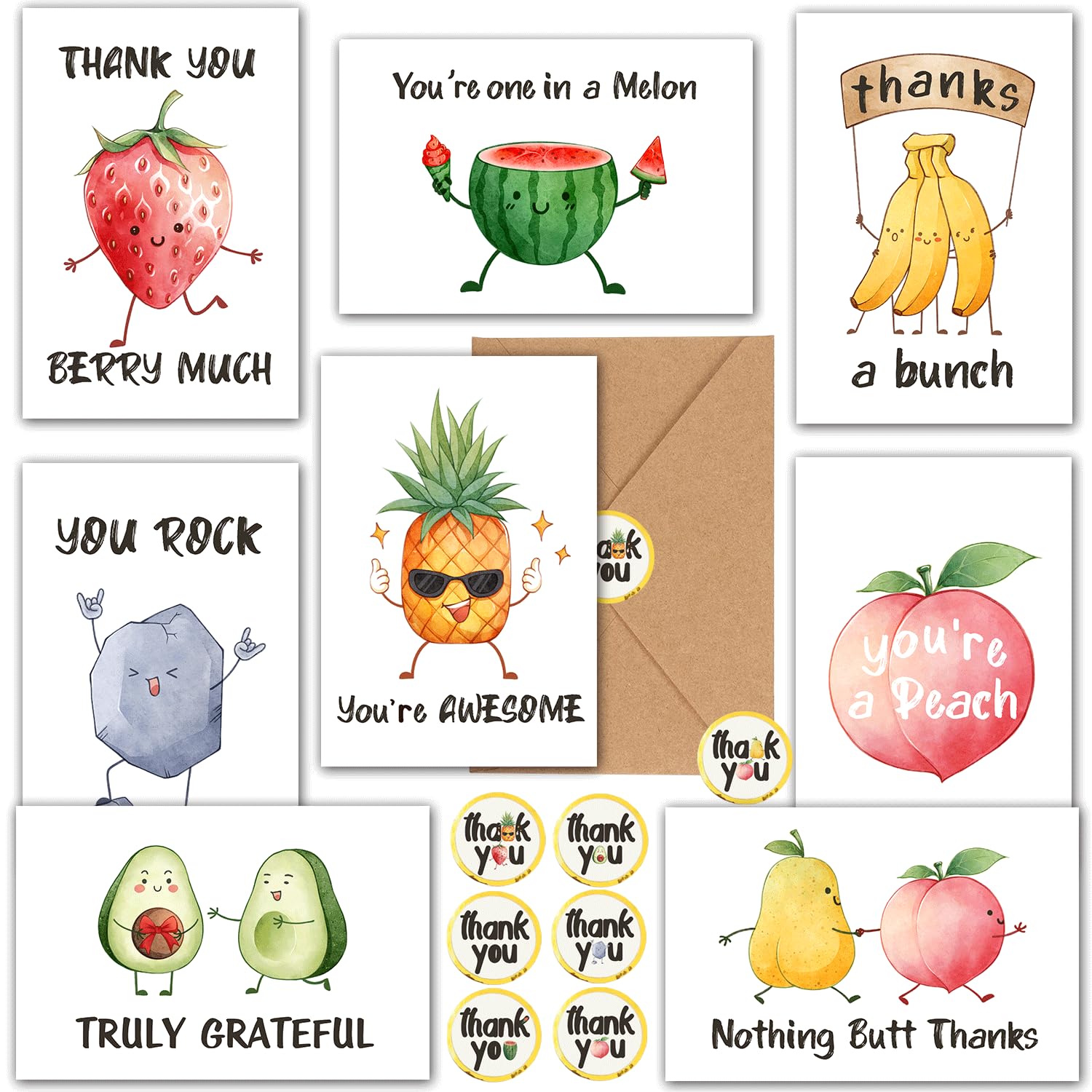 Funny Thank You Cards wtih Envelopes, 32 Pack Greeting Note Cards, Bulk Boxed Set Assortment Blank Notecards Card for Employee Teachers Friends Business Coworker Gratitude Appreciation