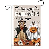 Heyfibro Happy Halloween Golden Retriever Dog Garden Flag 12 x 18 Inch Vertical Double Sided Burlap, Pumpkin Witch Hat Skull Yard Flags for Seasonal Fall Thanksgiving Farmhouse Decoration(ONLY FLAG)