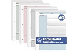 OKWUYIK 200 Sheet Colored Cornell Notes Loose Leaf Paper 8.5×11 Inch for 3 Ring Binder College Ruled Taking System Filler Paper Letter Size Notebook Refill Paper Bulk for School Office Business Home 80gsm