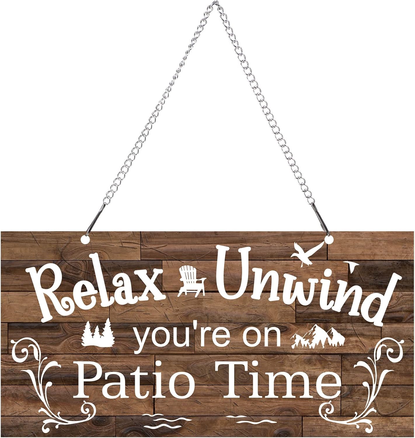 Plaques & Wall Art - 10 x 5 Inch Patio Wall Decor Hanging Wall Art Metal Plaque Signs Vintage Balcony Decor Retro Patio Accessories Relax Unwind You're on Patio Time with Chain for Home Pub (White Words with Brown Base)