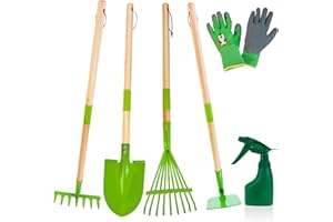 Amtreen Kids Gardening Tools Set - 6PCS Detachable Garden Tool Kit with Gloves, Shovel, Rake, Hoe, Leaf Rake & Spray Bottle - Wooden Handles with Hanging Hole, Perfect Outdoor Toy Gift for Ages 3-5