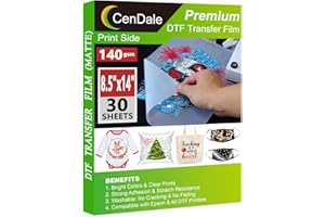 CenDale DTF Transfer Film 8.5"x14" - 30 Sheets Premium Thick Double Sided DTF Film for Sublimation Hack, Direct to Film Printing on Dark and Light T-Shirts, Cold & Hot Peel DTF Paper, 140gsm Matte