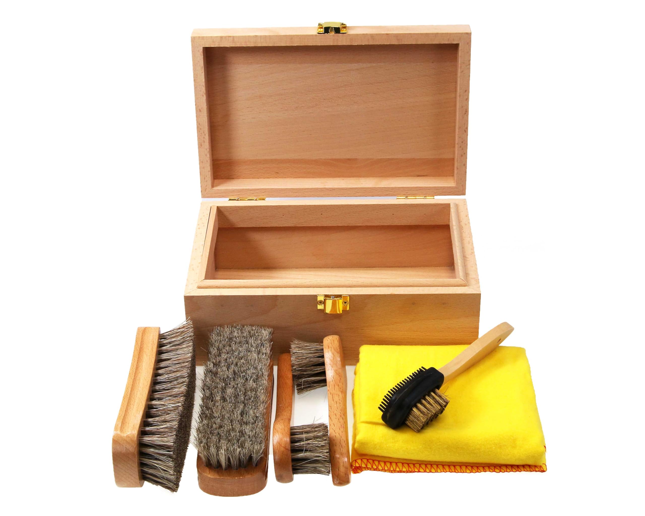 Cathcart Elliot Beech Wood Shoe Valet Box Shoe Care Kit with Horsehair Brushes, No Polish