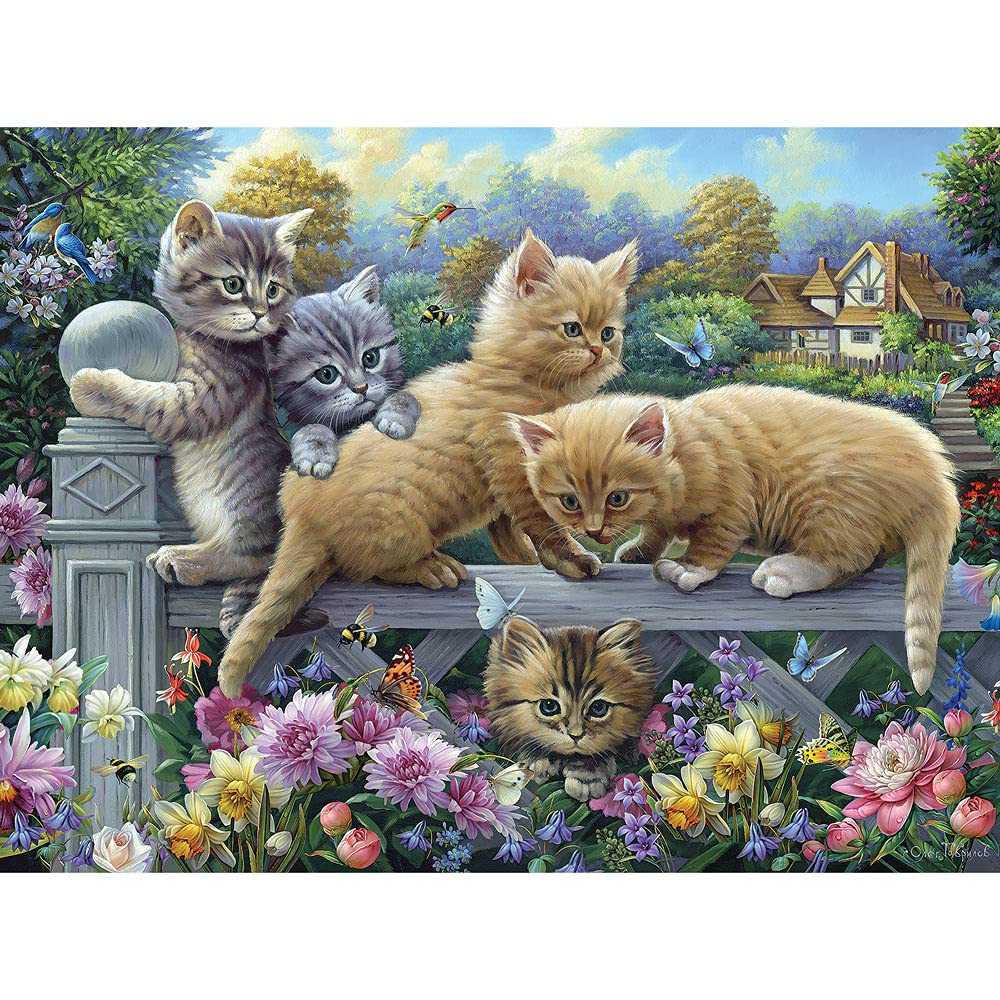 Bits and Pieces – Kittens on a Fence Jigsaw Puzzle for Adults by Oleg Gavrilov, 18" x 24", Charming Spring Garden Scene with Cats, Flowers, and Rustic Fence (300 Piece Puzzle)
