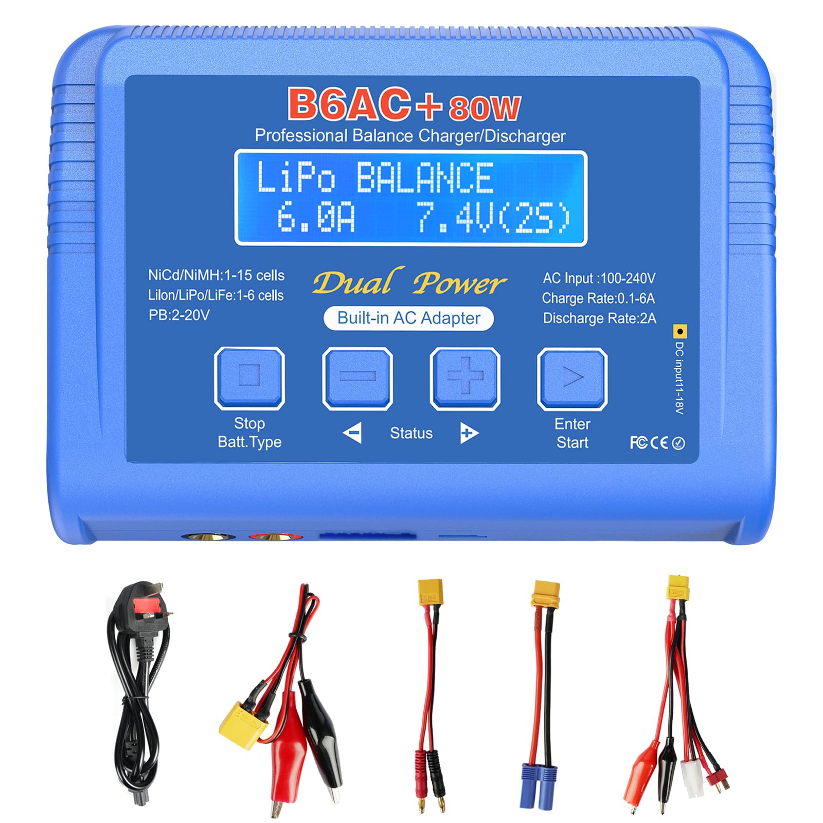 Haisito Lipo Battery Charger 80W 6A - Balance Charger for LiPo, Li-ion, LiFe, NiMH, NiCd,LiHV, Pb| RC Battery Charger with Built-in Adapter| Lipo Balance Charger for Airsoft, RC Cars, Boats, Drones