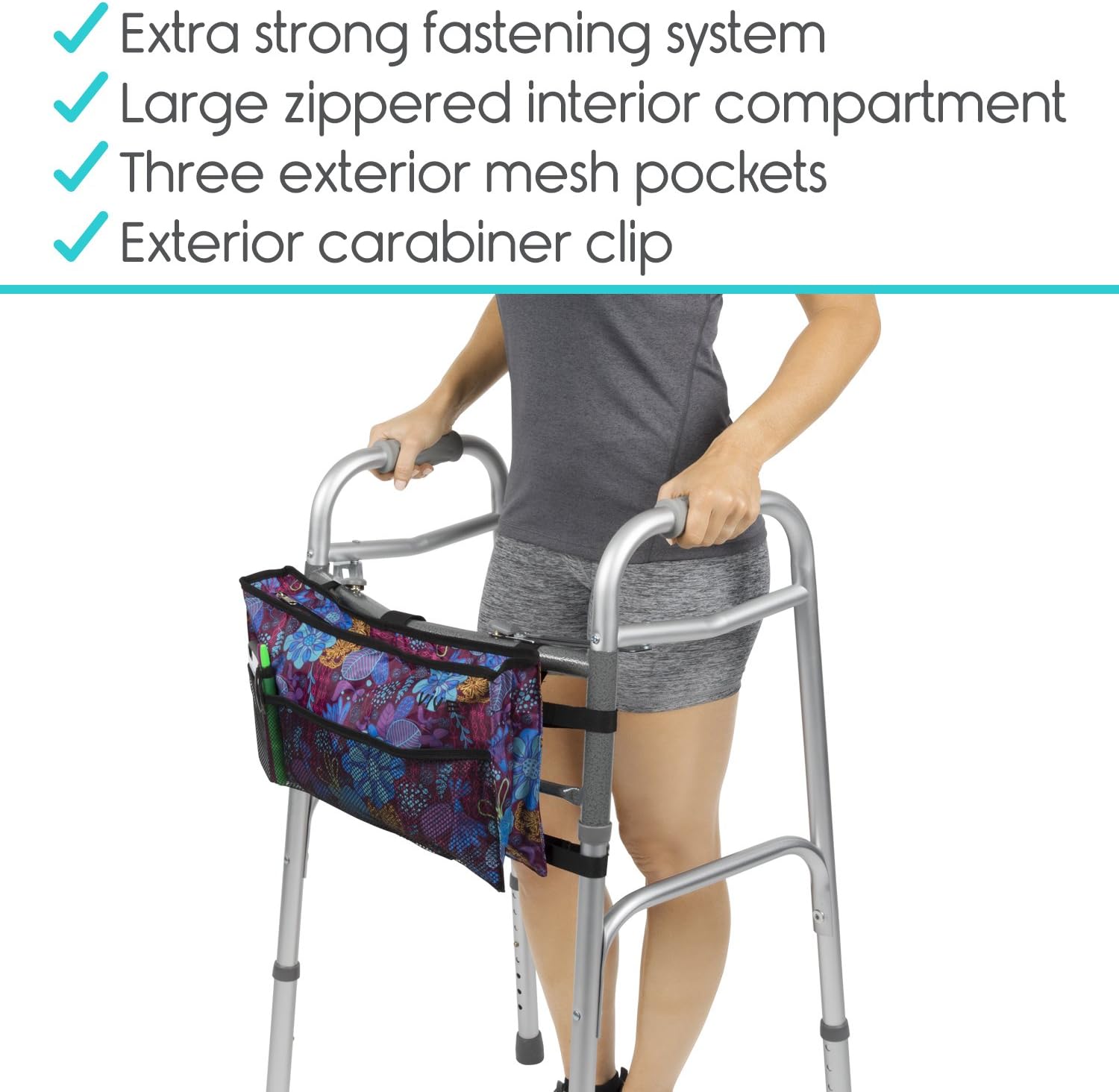 Vive Walker Bag - Water Resistant Accessory Basket Provides Hands Free Storage for Folding Walkers - Attachment Fits Wide and Narrow Styles - Tote Caddy Pouch for Elderly, Seniors, Handicap, Disabled: Health & Personal Care