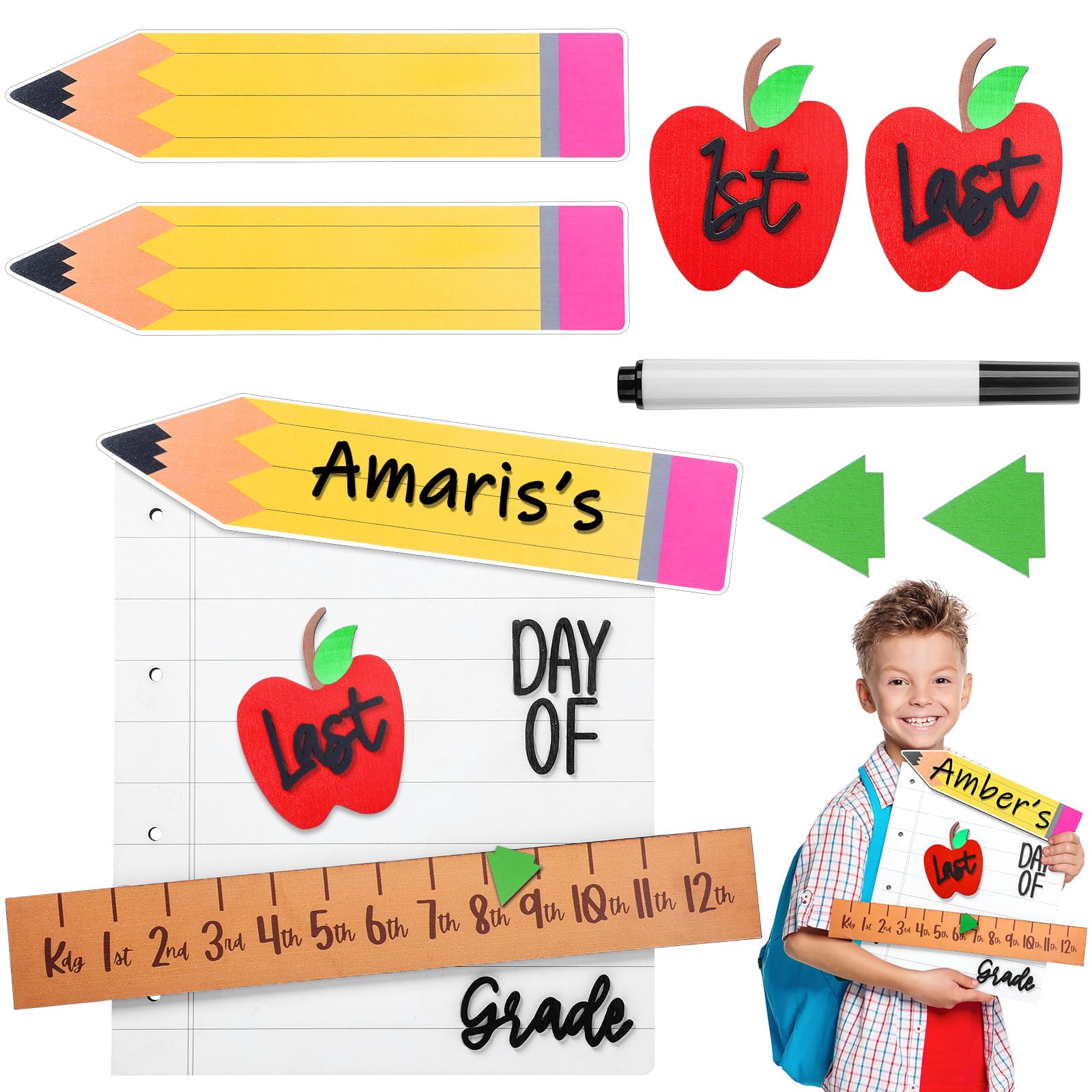 Photo 1 of Briwooody First and Last Day of School Sign Reusable Wood Back to School Interchangeable Pencil Board Signs Photo Prop with Marker for Kids 1st Day for Preschool Kindergarten Supplies (Style 1)