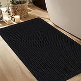 Hiasan Waffle Bath Mat, Super Absorbent Non Slip Bathroom Boho Rug with Tassels, Machine Washable Bath Mats for Bathroom, Ultra Soft Rubber Backed Rug, Black, 20 x 32 Inches